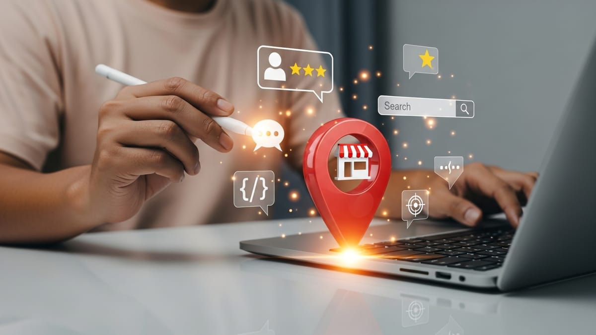 Main sur laptop, icônes de localisation magasin, avis clients, recherche et services numériques
