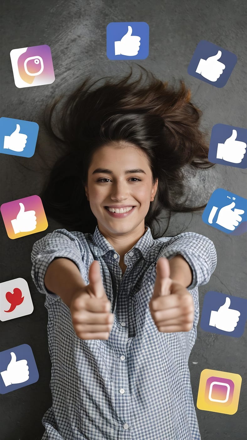 Femme souriante allongée, pouces levés, entourée d'icônes de réseaux sociaux (Instagram, likes, cœur)