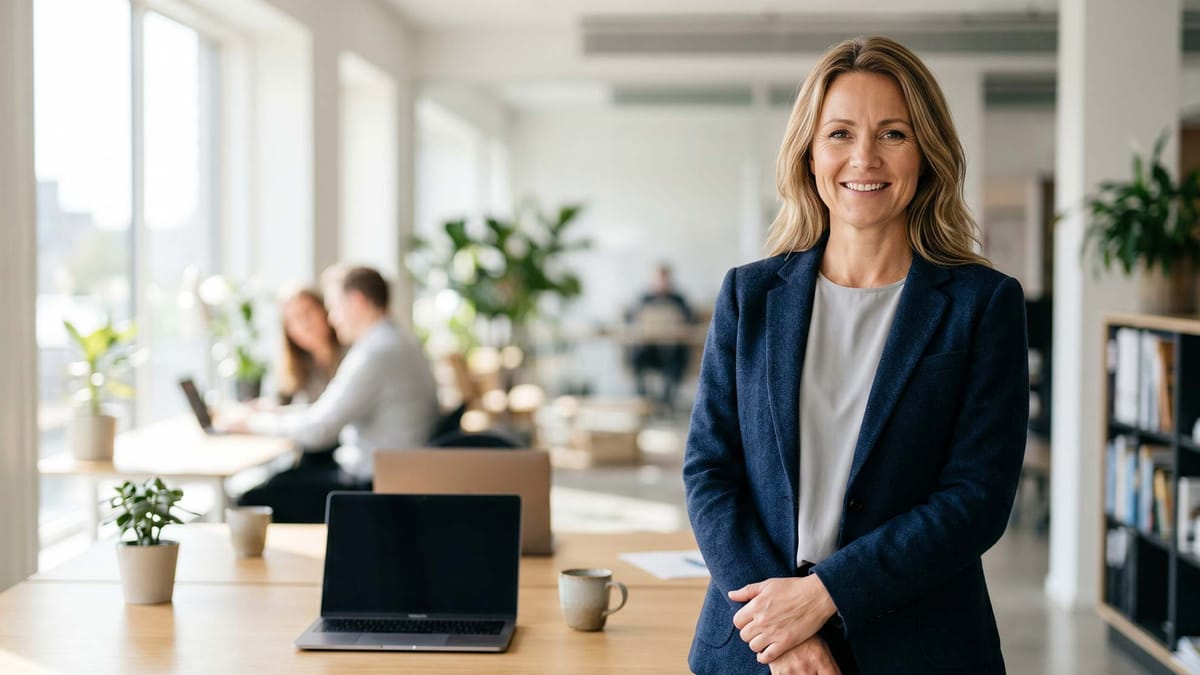 Femme souriante professionnelle en blazer dans un bureau moderne avec des collègues travaillant en arrière-plan