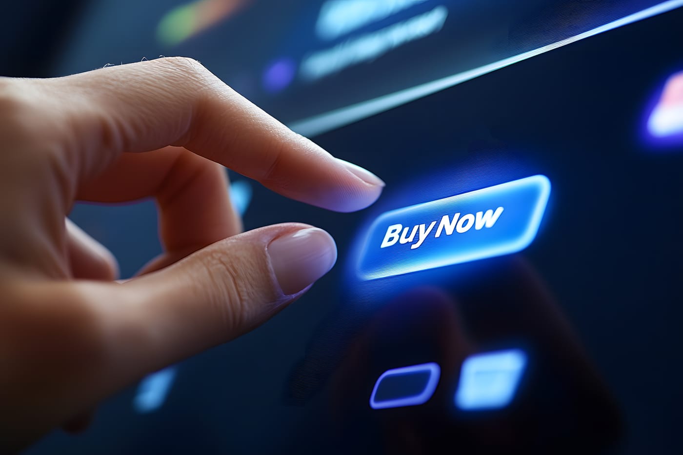 Doigt appuyant sur un bouton lumineux 'Buy Now' sur un écran tactile